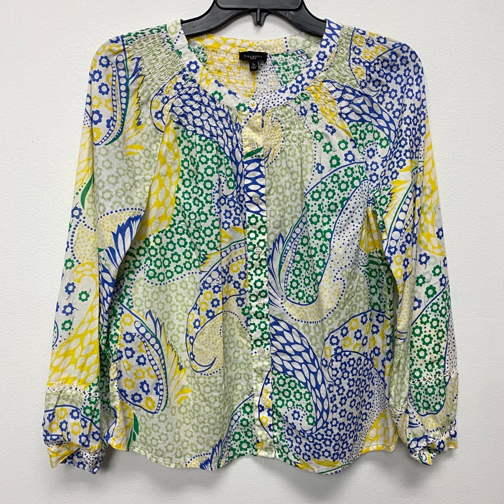 Talbots Small Petite Paisley Blouse Button Down Long Sleeve Smocked Neckline Top